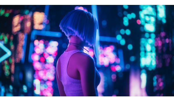 Beautiful Retro-Futuristic Portrait of a Human Gamer Girl Resembling an Android Robot with Artificial Intelligence, Travelling in Modern City with Neon Lights and Colorful Cyberpunk Vibe